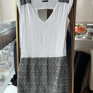 Gray and White Sheath Dress with V-Neck and Flutter Sleeves